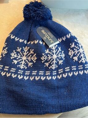 Navy Blue Knit Pom-Pom Beanie Hat with Snowflake Pattern